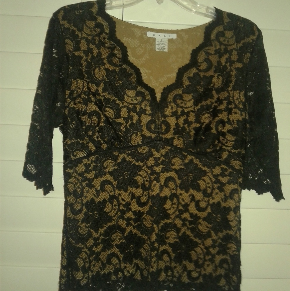 CAbi Black Lace 3/4 Sleeve Lined Top